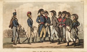 Kapitän Johnny Newcome im Dienst als Adjutant des Herzogs von Wellington während des Halbinselkriegs. Handkolorierte Kupferstichgravur gezeichnet und radiert von Thomas Rowlandson aus Colonel David Roberts