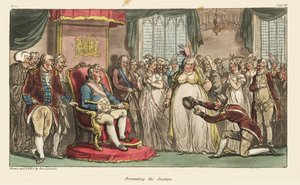 Kapitän Johnny Newcome präsentiert die Kriegstrophäen, den Hut von König Joseph Bonaparte und den Stab von Marschall Jean-Baptiste Jourdan, dem Prinzregenten im Carlton House. Handkolorierte Kupferstichgravur gezeichnet und radiert von Thomas Rowlandson au