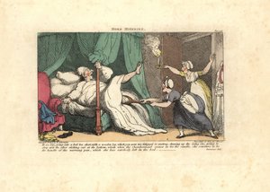 Zimmermädchen zieht am Holzbein eines schlafenden Gastes von Thomas Rowlandson