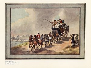 Kutsche und sechs Pferde mit Passagieren und Gepäck auf dem Dach von Thomas Rowlandson