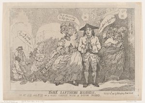 Dunkle Laternen-Geschäfte oder Mrs. Hob und Nob auf einer nächtlichen Leinwand mit einer Busenfreundin, 24. April 1784 von Thomas Rowlandson