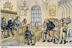 Dr. Syntax vor dem Gerichtshof (in „Die drei Reisen des Doktor Syntax auf der Suche nach dem Malerischen, Trost und einer Frau“ von W. Combe, illustriert von Rowlandson, London, Hotten)
