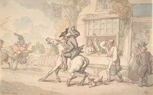 Dr. Syntax mit einem störrischen Pferd vor einem Gasthaus, 18.-19. Jahrhundert von Thomas Rowlandson