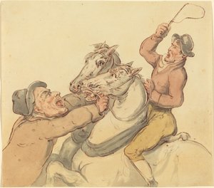 Treiber mit einem Paar aufbäumender Pferde von Thomas Rowlandson