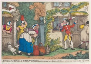 Sterben aus Liebe, oder Captain Careless, von einem fünfzehnjährigen Mädchen unerwartet erschossen, 1810 von Thomas Rowlandson