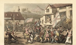 Englischer Herr in einer Sänfte für eine Wahl getragen