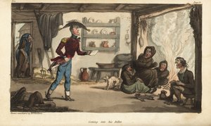 Ensign Johnny Newcome kommt zu seinem Subalternquartier in Portugal, einer Hütte mit schmutzigen Bettlern von Thomas Rowlandson