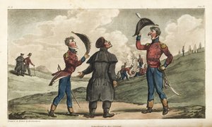 Fähnrich Johnny Newcome wird dem Oberst seines Regiments vor der Schlacht von Salamanca vorgestellt. Handkolorierte Kupferstichgravur gezeichnet und radiert von Thomas Rowlandson aus Colonel David Roberts