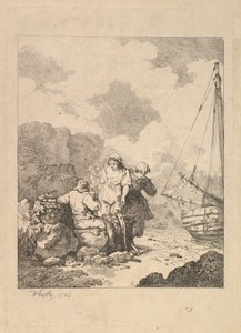 Fischer am Ufer - Küstenszene mit einem Mann, der auf Felsen sitzt und Pfeife raucht, 1786 von Thomas Rowlandson