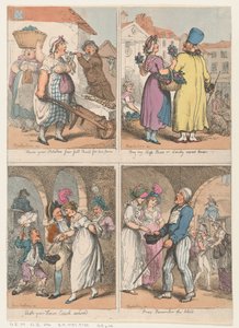 Vier Szenen aus der Serie Cries of London: Hier sind Ihre Kartoffeln..., Kaufen Sie mein Moos..., 1. August 1801 von Thomas Rowlandson