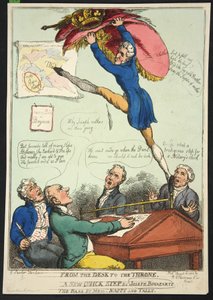 Vom Schreibtisch zum Thron. Ein neuer Quick Step von Joseph Bonaparte. Der Bass von Messrs Nappy und Talley, veröffentlicht 1808 (handkolorierte Gravur) von Thomas Rowlandson
