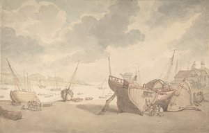 Hafenszene bei Ebbe mit gestrandeten Booten, 1775-1827 von Thomas Rowlandson