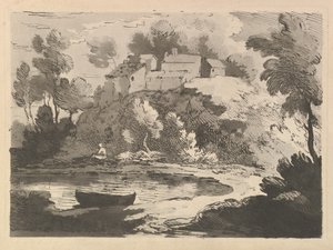 Hügelige Flusslandschaft, ein Boot im Wasser im Vordergrund links, eine Figur am fernen Ufer