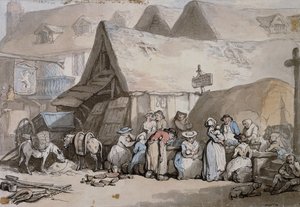 Honiton, Devon: Schuhe und Hüte zum Verkauf vor dem Lion Inn von Thomas Rowlandson