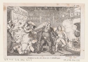Gastgeberin entleert eine Pfanne Blut ins Gesicht von Pfarrer Andrews, aus The Adventures of..., 1792 von Thomas Rowlandson