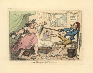 Ehemann hält seine wütende Frau mit einem Mopp ab von Thomas Rowlandson