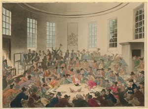 Illustration, die eine Menschenmenge zeigt, die einem Hahnenkampf zusieht von Thomas Rowlandson