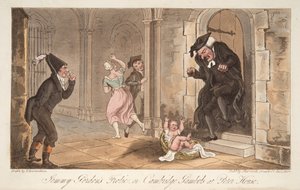 Jemmy Gordons Ausgelassenheit, oder Cambridge-Späße im Peter House, aus The English Spy, veröffentlicht 1824 von Thomas Rowlandson