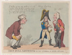 John Bull hört den Streitigkeiten der Staatsangelegenheiten zu, 1. Mai 1803 von Thomas Rowlandson
