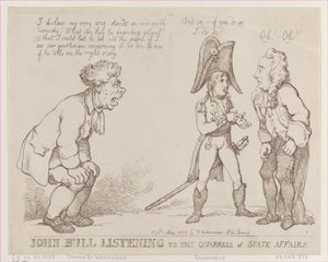 John Bull hört den Streitigkeiten der Staatsangelegenheiten zu, 1. Mai 1803 von Thomas Rowlandson