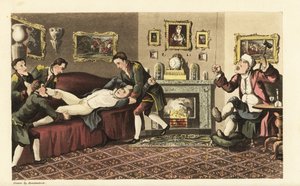 Johnny betrunken auf dem Sofa im Haus von Sir David Dangle, hinausgeworfen von den livrierten Dienern. Handkolorierte Kupferstichgravur von Thomas Rowlandson aus William Combes The History of Johnny Quae Genus, the Little Foundling of the late Doctor Synta von Thomas Rowlandson