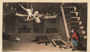 Johnny fällt aus seiner Hängematte in seiner Kabine. Handkolorierte Kupferstichgravur von W. Read nach einer Illustration von Thomas Rowlandson aus Alfred Burtons Die Abenteuer von Johnny Newcombe in der Marine, Simpkin, London