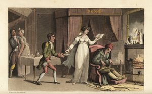 Johnny im Dienst des Geizhalses John Squeeze und seiner vorsichtigen Nichte Amelia Squeeze. Johnny bringt ein Glas Medizin für den sterbenden alten Mann. Handkolorierte Kupferstichgravur von Thomas Rowlandson aus William Combes The History of Johnny Quae G