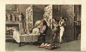Johnny schleicht dem Dienstmädchen Molly ein Glas Wein im Salon zu, während Sir Jeffery Gourmand am Esstisch schläft. Fast von einem anderen Diener an der Tür erwischt. Handkolorierte Kupferstichgravur von Thomas Rowlandson aus William Combes Die Geschicht von Thomas Rowlandson