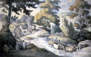 Landschaft mit Vieh, das einen Bach durchquert