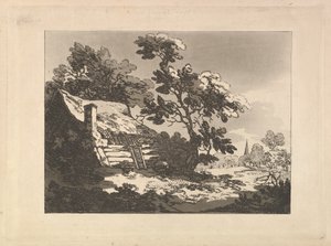 Landschaft mit Hütte unter Bäumen links und einer fernen Kirchturmspitze rechts