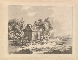 Landschaft mit Figuren, die Heu in einer Scheune lagern, ein Wagen und ein liegendes Pferd links, 1783-84
