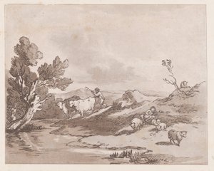 Landschaft mit einer Figur, die Vieh zum Wasser treibt von Thomas Rowlandson