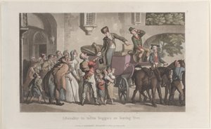 Freigebigkeit gegenüber kranken Bettlern beim Verlassen von Yrvi von Thomas Rowlandson