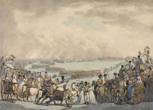 Leichte Kavallerie-Freiwillige von London und Westminster, kommandiert von Colonel Herries, inspiziert von Seiner Majestät auf dem Wimbledon Common, 5. Juli 1798 von Thomas Rowlandson
