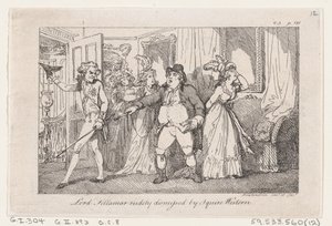 Lord Tellamar wird von Squire Western grob abgewiesen, aus Die Geschichte von Tom Jones, einem Findelkind von Thomas Rowlandson