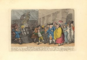 Mann und Damen suchen im Regen nach einer Kutsche in einer Menschenmenge von Thomas Rowlandson