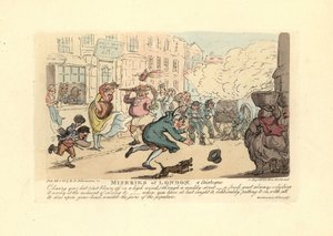 Mann jagt seinen Hut in einer stürmischen Straße von Thomas Rowlandson