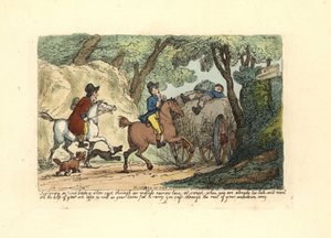 Mann zu Pferd hinter einem langsam fahrenden Wagen auf einem schmalen Weg