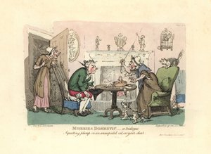 Mann setzt sich auf eine erschrockene Katze auf seinem Stuhl von Thomas Rowlandson
