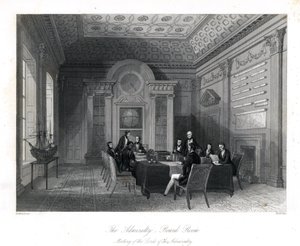 Treffen der Lords der Admiralität im Sitzungssaal, Admiralität. Stahlstich von Henry Melville nach einer Illustration von Thomas Rowlandson aus London Interiors, Their Costumes and Ceremonies, Joshua Mead, London