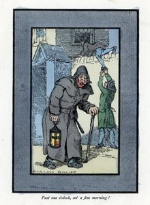 Nachtwächter mit seiner Laterne und seinem Stock, unaufmerksam gegenüber zwei Einbrechern, die ein Haus betreten (1819). Holzstich, basierend auf einem Gemälde von Thomas Rowlandson (1756-1827), veröffentlicht in The Cris of London. von Thomas Rowlandson