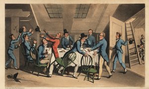 Offiziere und Seekadetten feiern die Nachricht, dass der Kapitän das Schiff verlassen hat. Handkolorierte Kupferstichgravur von W. Read nach einer Illustration von Thomas Rowlandson aus Alfred Burtons The Adventures of Johnny Newcombe in the Navy, Simpkin,