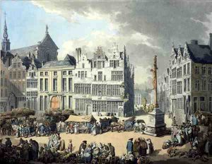 Place de Mier in Antwerpen, graviert von Wright und Schutz, veröffentlicht von Rudolph Ackermann von Thomas Rowlandson