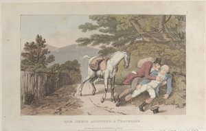 Quae Genus hilft einem Reisenden, aus der Geschichte von Johnny Quae Genus, 1. März 1822 von Thomas Rowlandson
