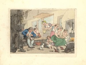 Schuster aus der Regency-Zeit, der in einem überfüllten Raum Schuhe repariert
