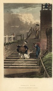 Terrassenstufen: Touristen stürzen die Treppe von Cliff Terrace hinunter. Handkolorierte Kupferstichgravur von Thomas Rowlandson, Aquatinta von J.C. Stadler, nach einer Skizze von J. Green aus Poetical Sketches of Scarborough, Ackermann, London von Thomas Rowlandson