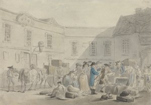 Das Zollhaus in Boulogne - verso: Graphitskizze von Pferden, Kutschen und Gebäuden