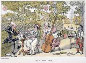 Der Doktor spielt Geige: „Das Gartentrio“ - in „Die drei Reisen des Doktor Syntax: auf der Suche nach dem malerischen Trost und einer Frau“ von William Combe, ill. Rowlandson von Thomas Rowlandson