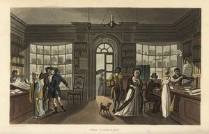 Die Bibliothek. Kunden, darunter eine Frau und ihr schwarzer Diener, betrachten neue Bücher in einer Leihbibliothek. Handkolorierter Kupferstich von Thomas Rowlandson nach einer Skizze von J. Green aus Poetical Sketches of Scarborough, Ackermann, London von Thomas Rowlandson