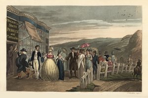 Die Promenade: modische Touristen spazieren vor Cracknill Shells, Pebbles and Curiosities Shop. Handkolorierte Kupferstichgravur von Thomas Rowlandson, Aquatinta von J.C. Stadler, nach einer Skizze von J. Green aus Poetical Sketches of Scarborough, Ackerma von Thomas Rowlandson